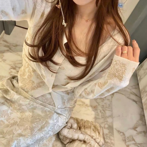 Butterfly Golden Brocade Cream Midi Skirt - Picture 2 of 7